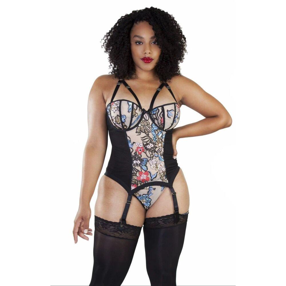 Floral Lace Strappy Bustier Corset in Black and Multicolor
